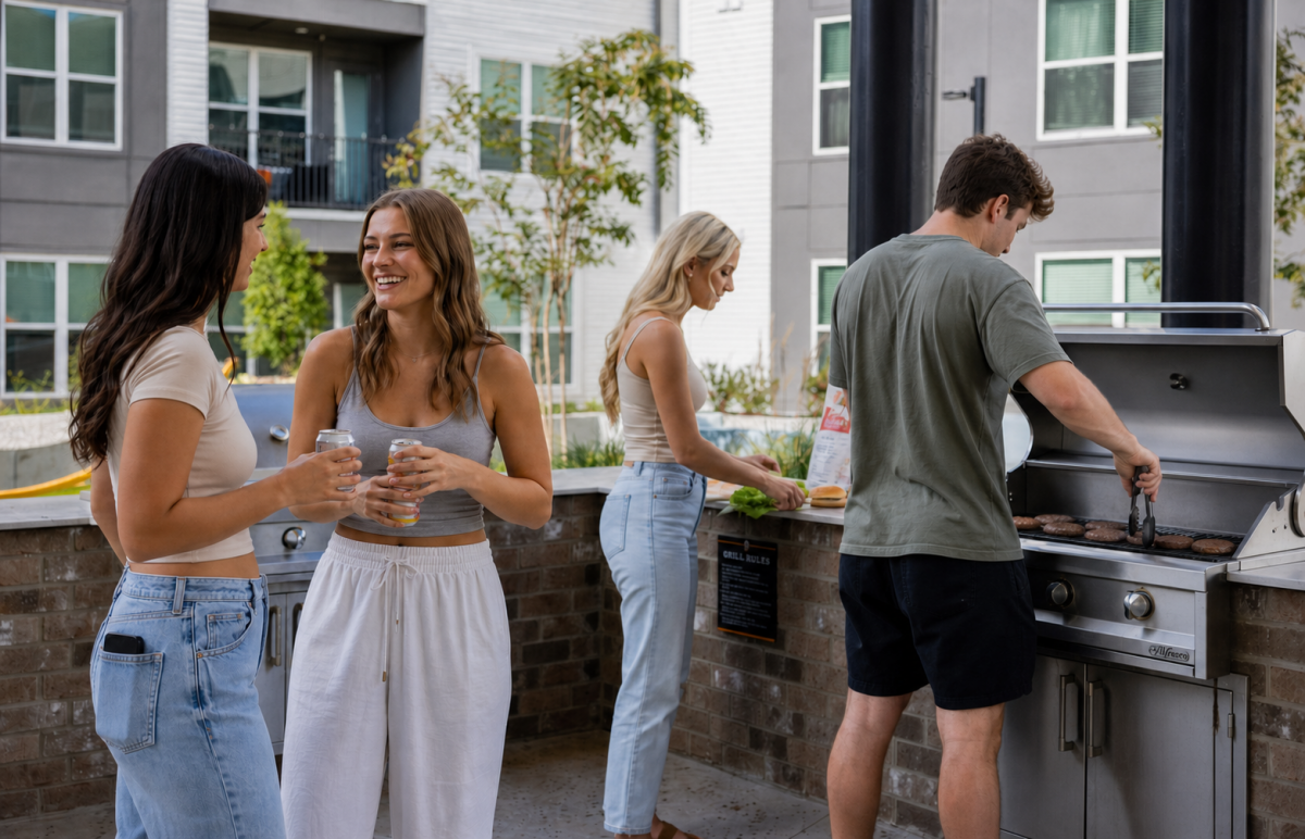 Friends chat while two others prepare burgers at outdoor apartment grills