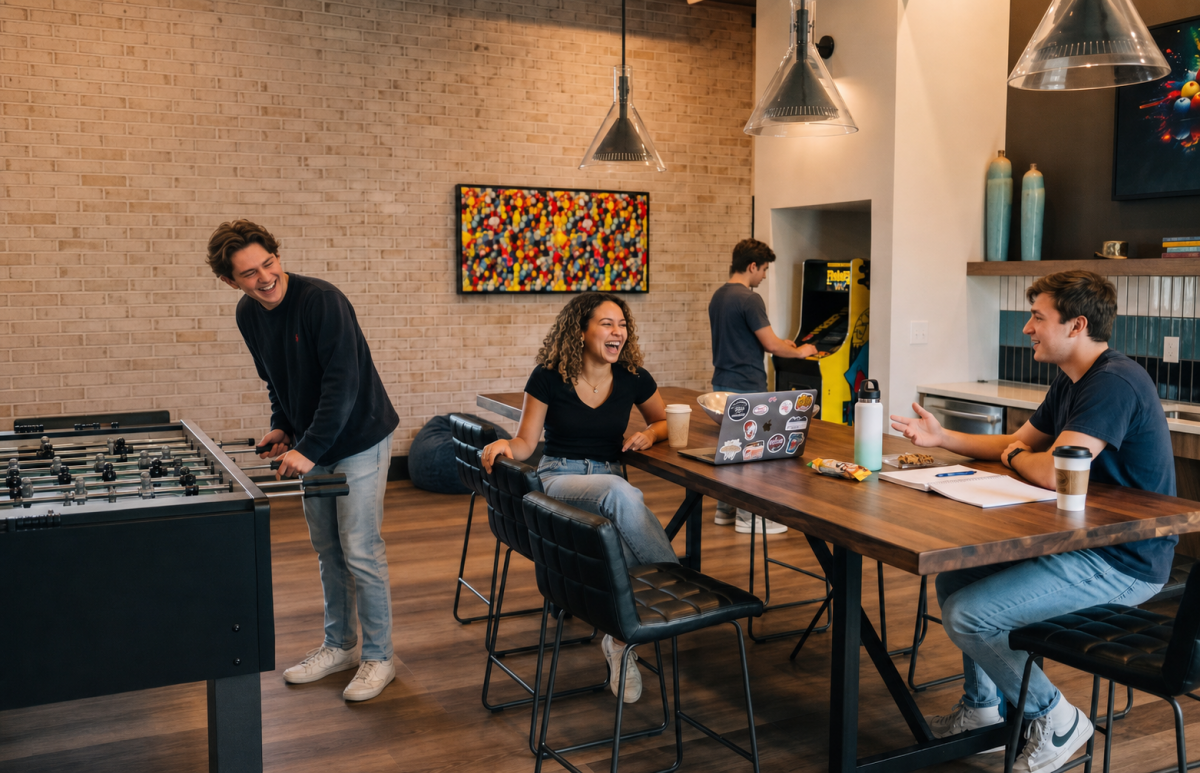 Friends socialize, study, play foosball, and use an arcade game in an apartment clubhouse