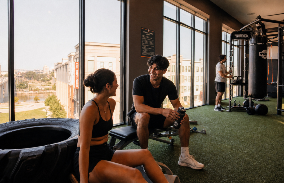Two friends take a break near a large tire while another person exercises in an apartment gym