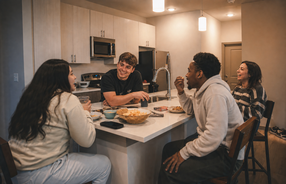 Four friends share snacks and conversation around an apartment kitchen island