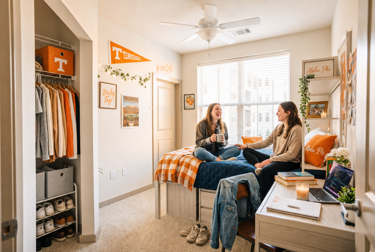 Two friends talk on a bed in a Tennessee-themed apartment bedroom