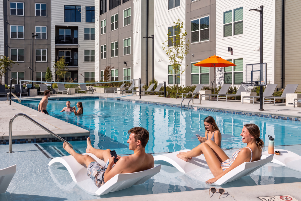 Friends relax on in-water lounge chairs and swim at an apartment pool